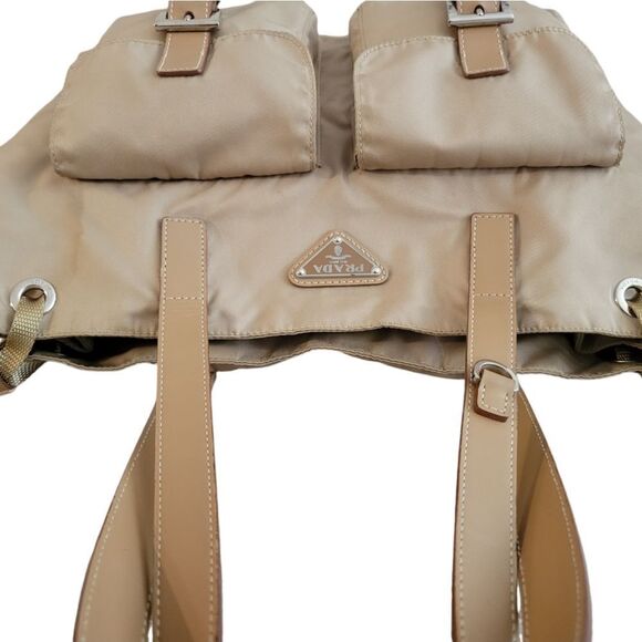 Prada Nylon Leather Beige khaki Tote Shoulder Bag Handbag - Picture 5 of 15